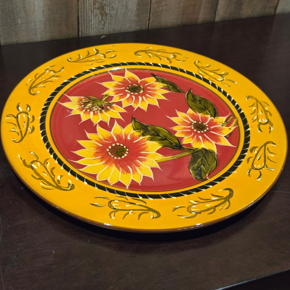 Pier 1 Sunflower Flat Serving Plate 10.5" Hand Painted Terracotta Garden Boho